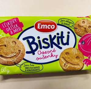 Ovesné sušenky Emco Biskiti oříšek a med